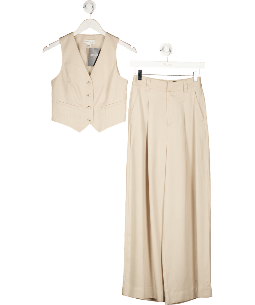 Something Navy 2 - piece Beige Waistcoat Top And Wide Leg Trouser Set UK XS/S - Reliked