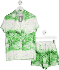 Song of Style White / Green Toile De Jouy Print Satin Shortie Two - piece Set UK XXS - Reliked
