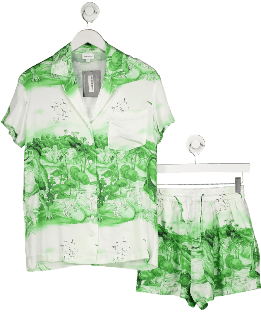Song of Style White / Green Toile De Jouy Print Satin Shortie Two - piece Set UK XXS - Reliked