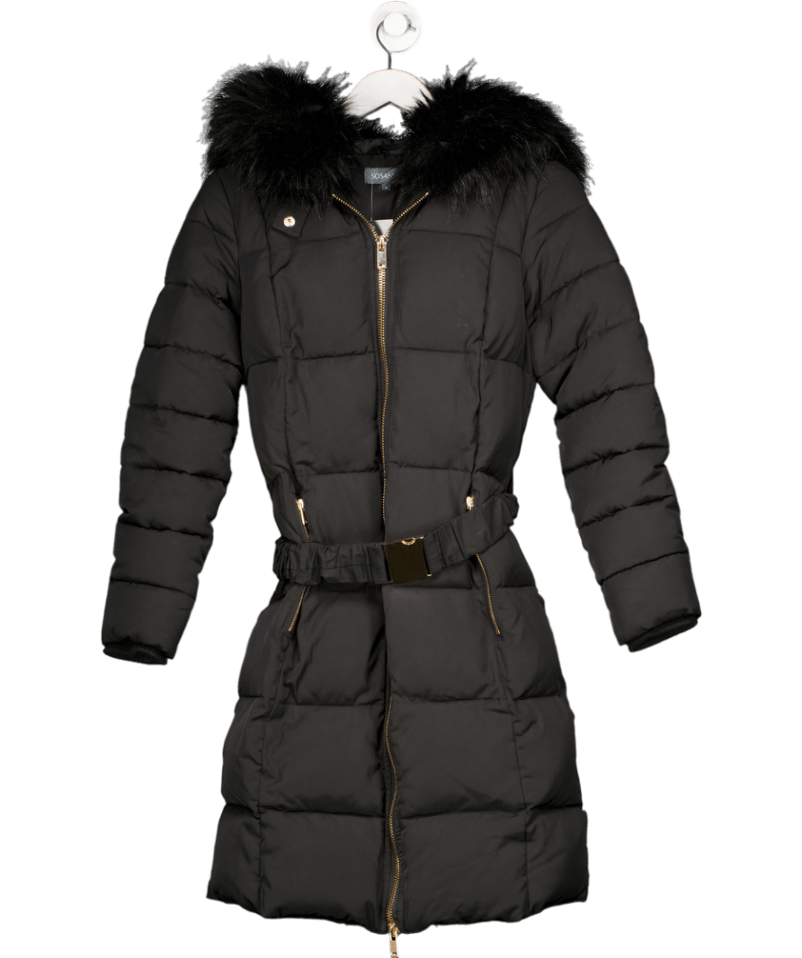 SOSANDAR Black Faux Fur Trim Luxe Longline Padded Coat UK 6 - Reliked