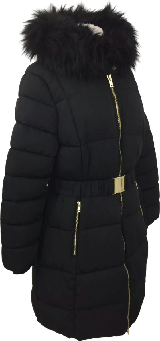 SOSANDAR Black Faux Fur Trim Luxe Longline Padded Coat UK 6 - Reliked
