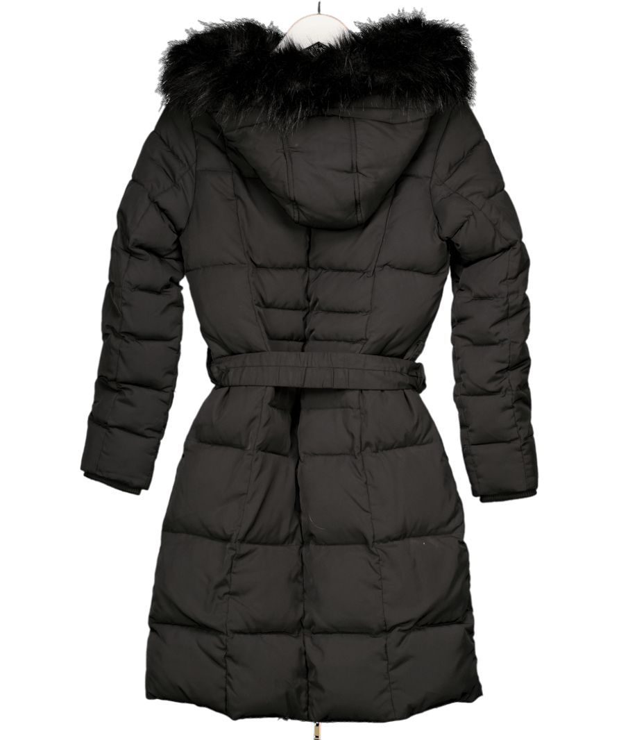 SOSANDAR Black Faux Fur Trim Luxe Longline Padded Coat UK 6 - Reliked