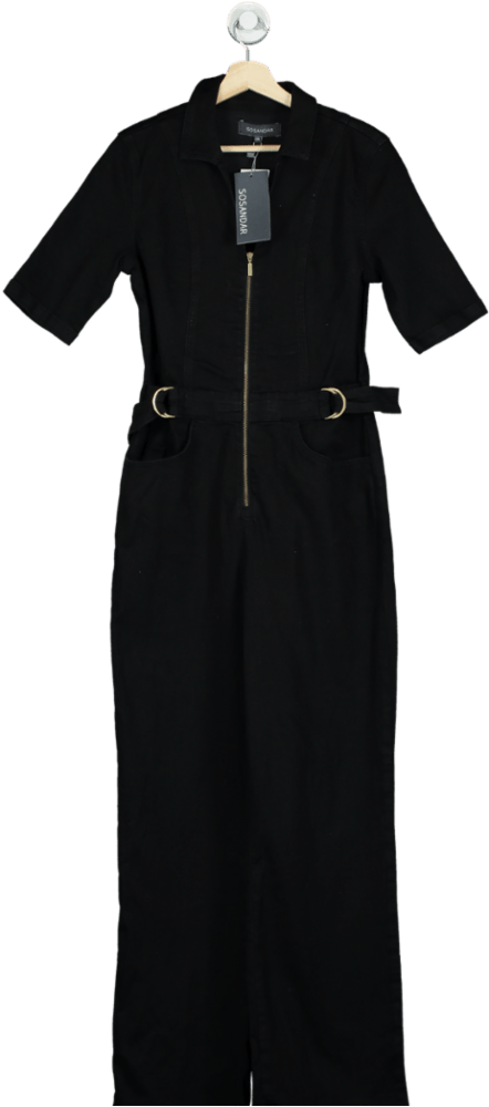 Sosandar Black Regular Leg Zip Front Wide Leg Jumpsuit UK 12 - Reliked
