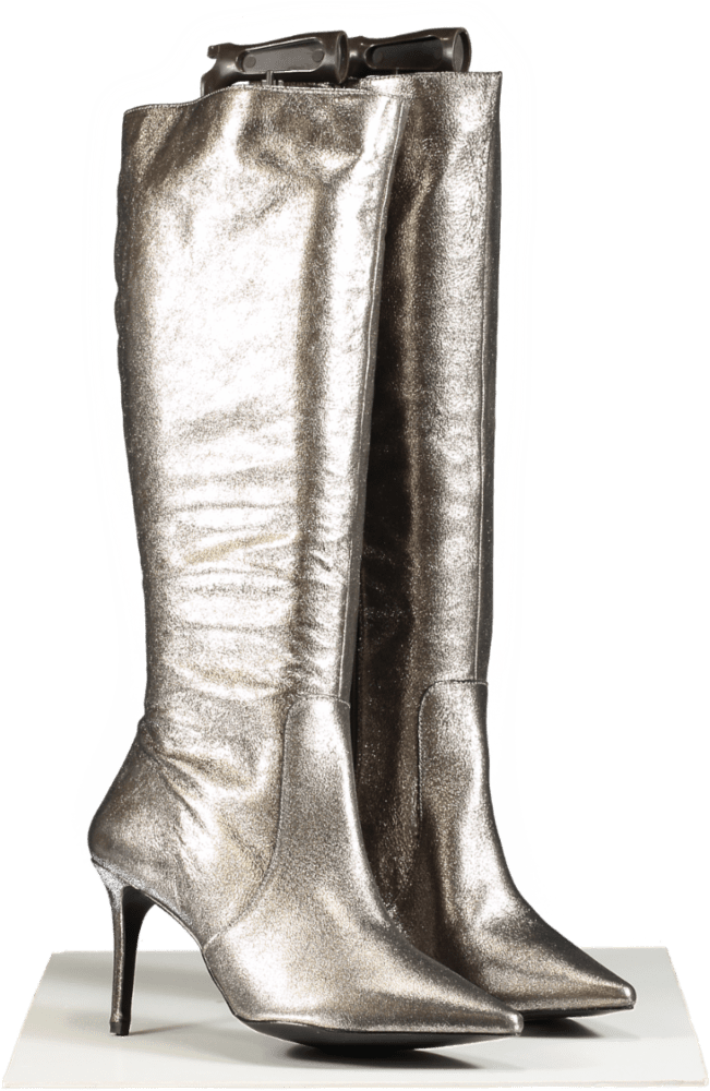 SOSANDAR Metallic Pewter Stiletto Leather High Heel Boots UK 8 - Reliked