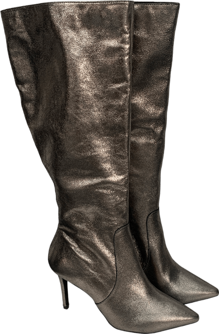 SOSANDAR Metallic Pewter Stiletto Leather High Heel Boots UK 8 - Reliked