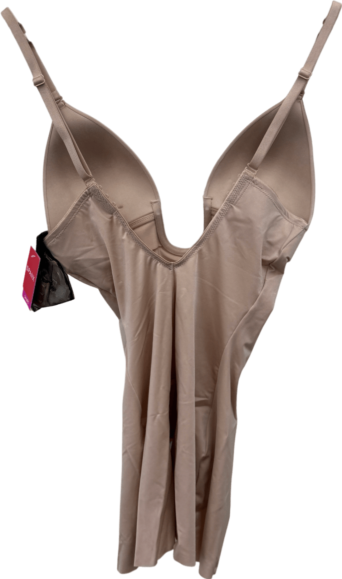 Spanx Spanxshape Suit Your Fancy Plunge Low - back Mid - thigh Bodysuit - Champagne Beige UK M - Reliked