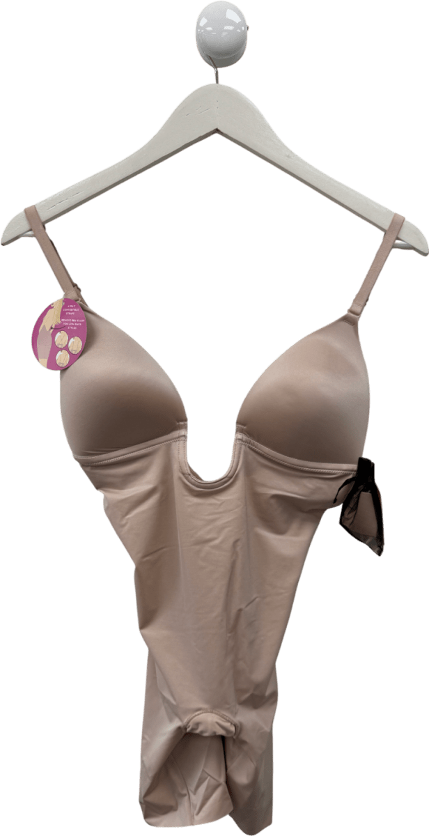 Spanx Spanxshape Suit Your Fancy Plunge Low - back Mid - thigh Bodysuit - Champagne Beige UK S - Reliked