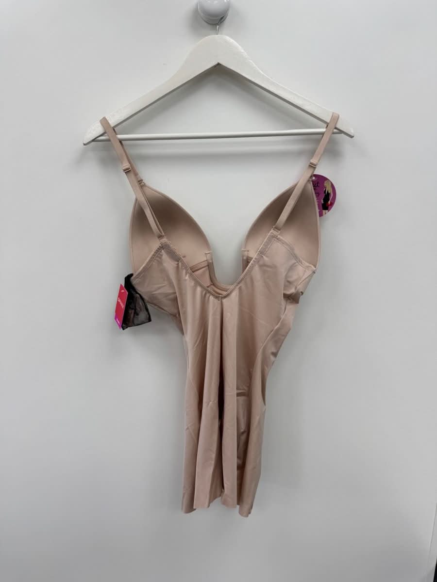 Spanx Spanxshape Suit Your Fancy Plunge Low - back Mid - thigh Bodysuit - Champagne Beige UK S - Reliked