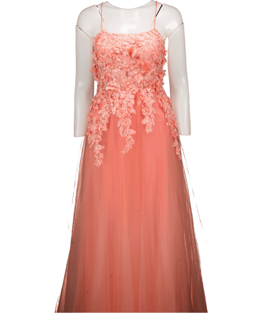 STACEES Orange Peach Tulle Flower Embellished Maxi Gown UK 12 - Reliked