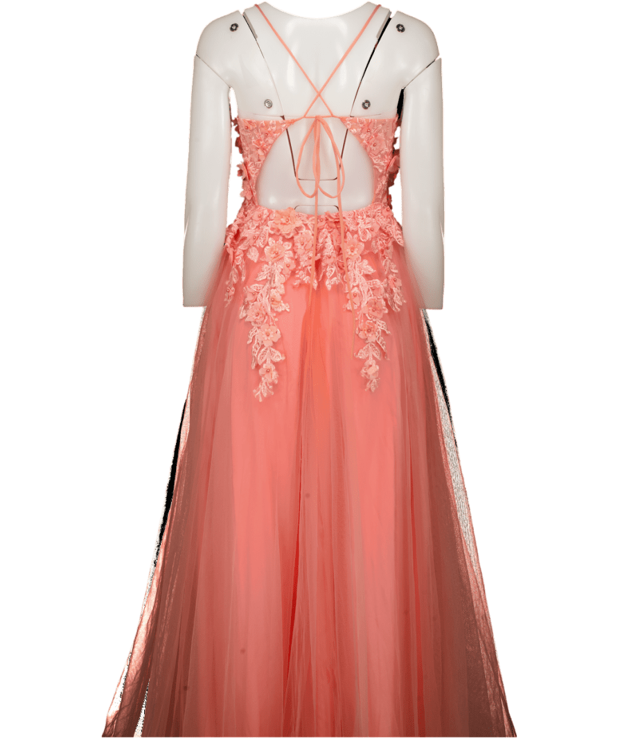 STACEES Orange Peach Tulle Flower Embellished Maxi Gown UK 12 - Reliked