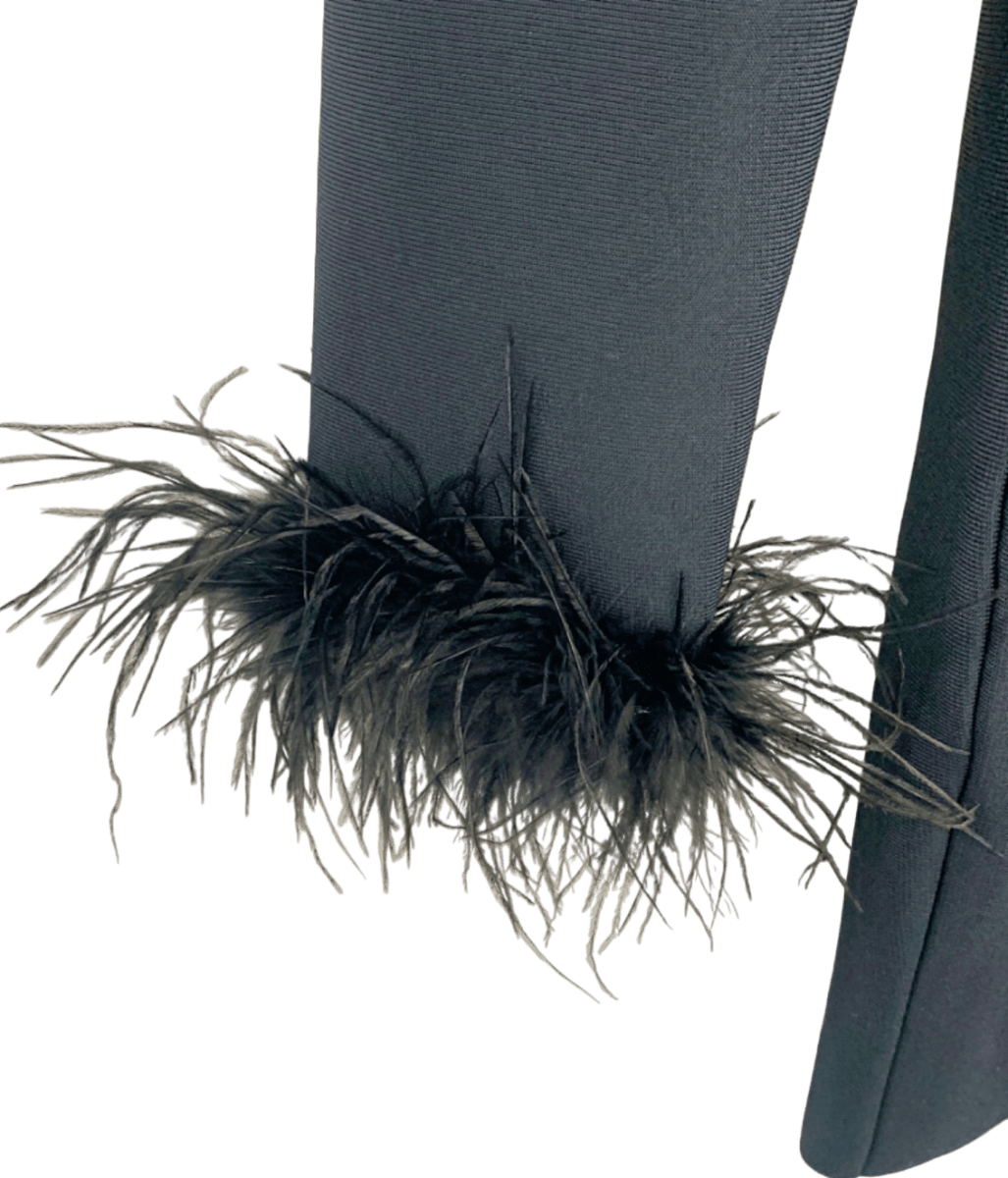 Step Up Store Black Feather Trim Bodycon Dress UK L - Reliked