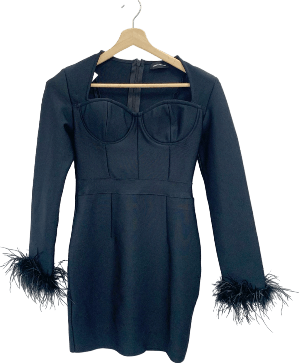 Step Up Store Black Feather Trim Bodycon Dress UK L - Reliked