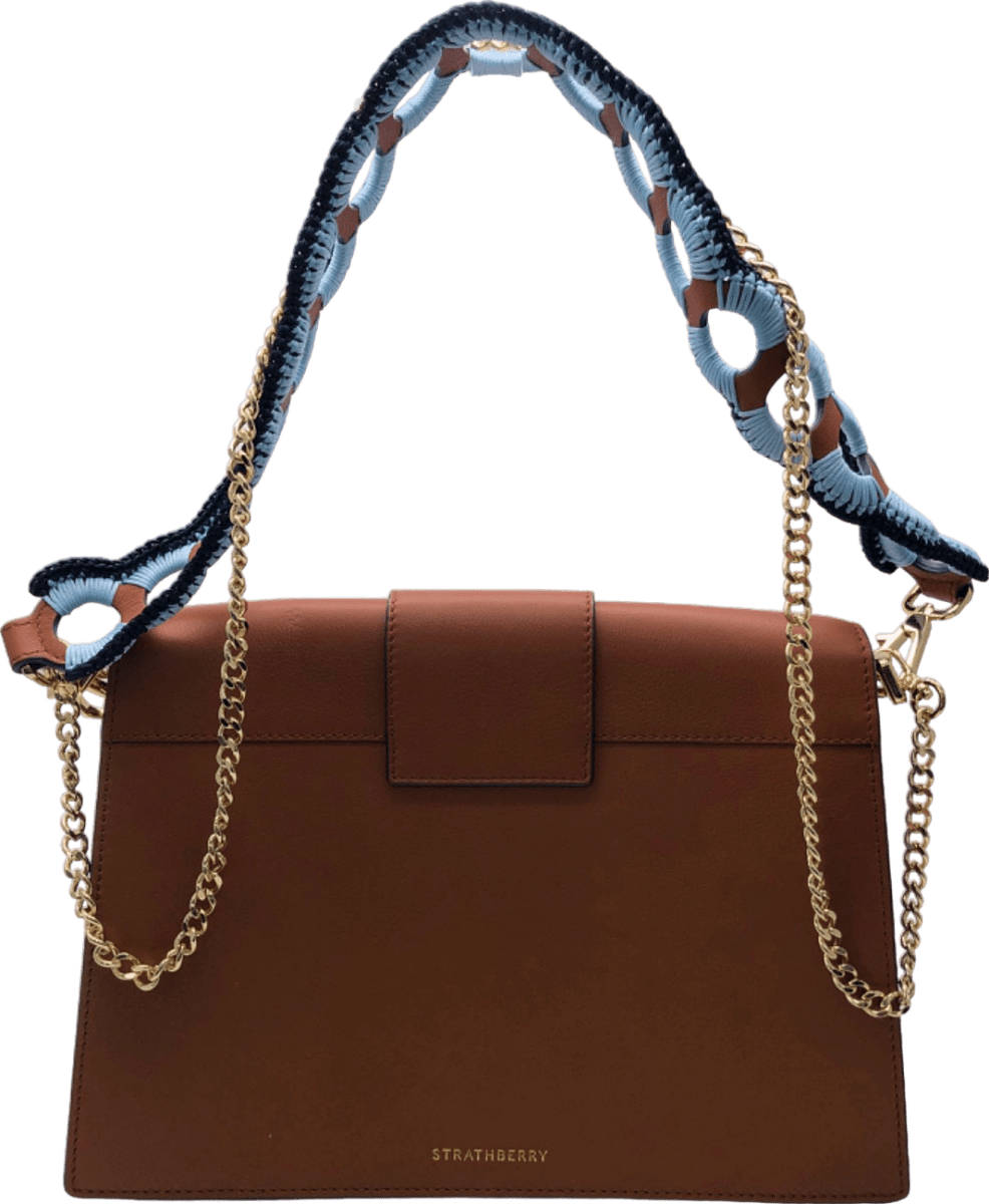 Strathberry Tan Leather Box Crescent shoulder bag with crochet strap - Reliked