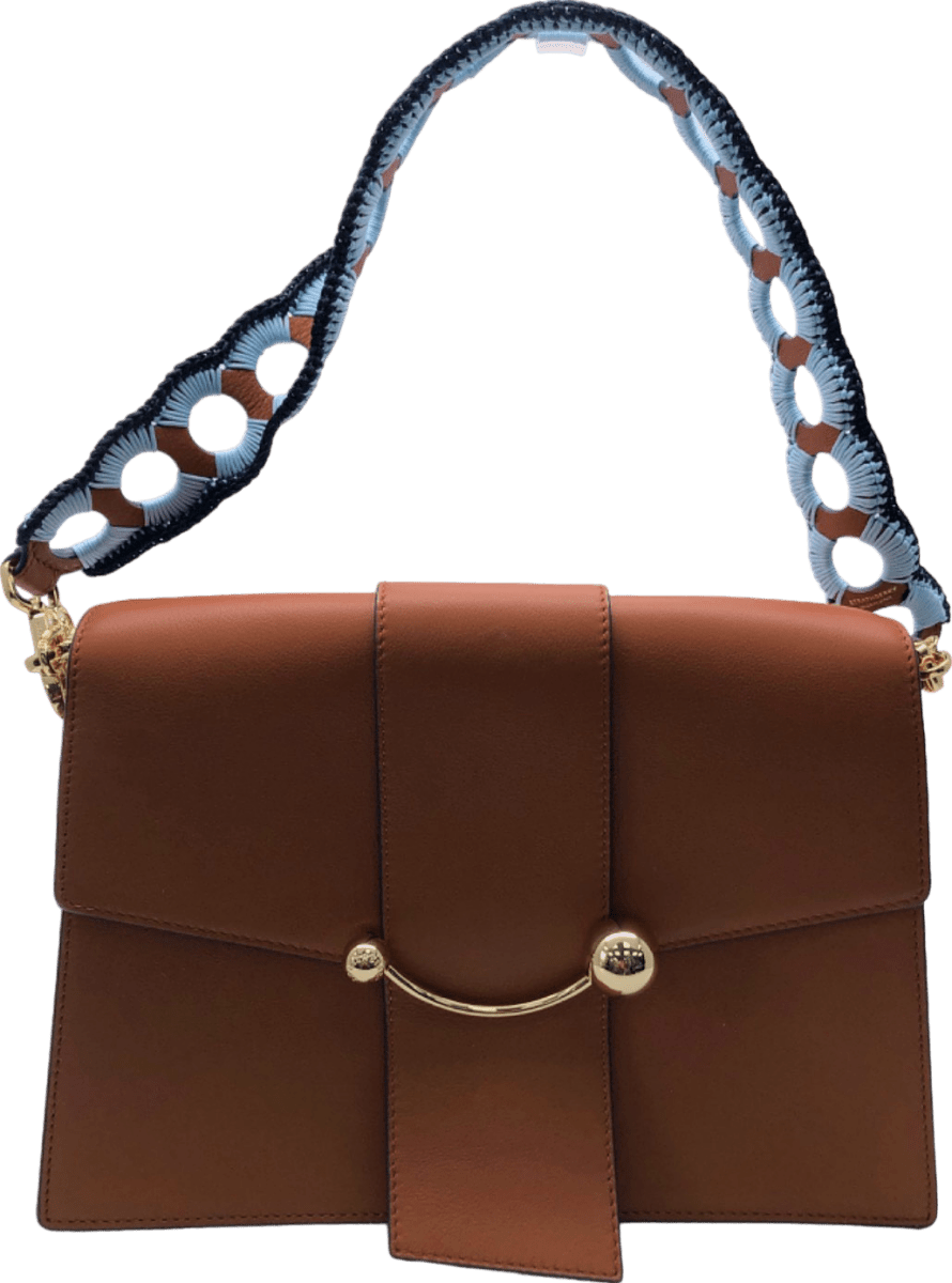 Strathberry Tan Leather Box Crescent shoulder bag with crochet strap - Reliked
