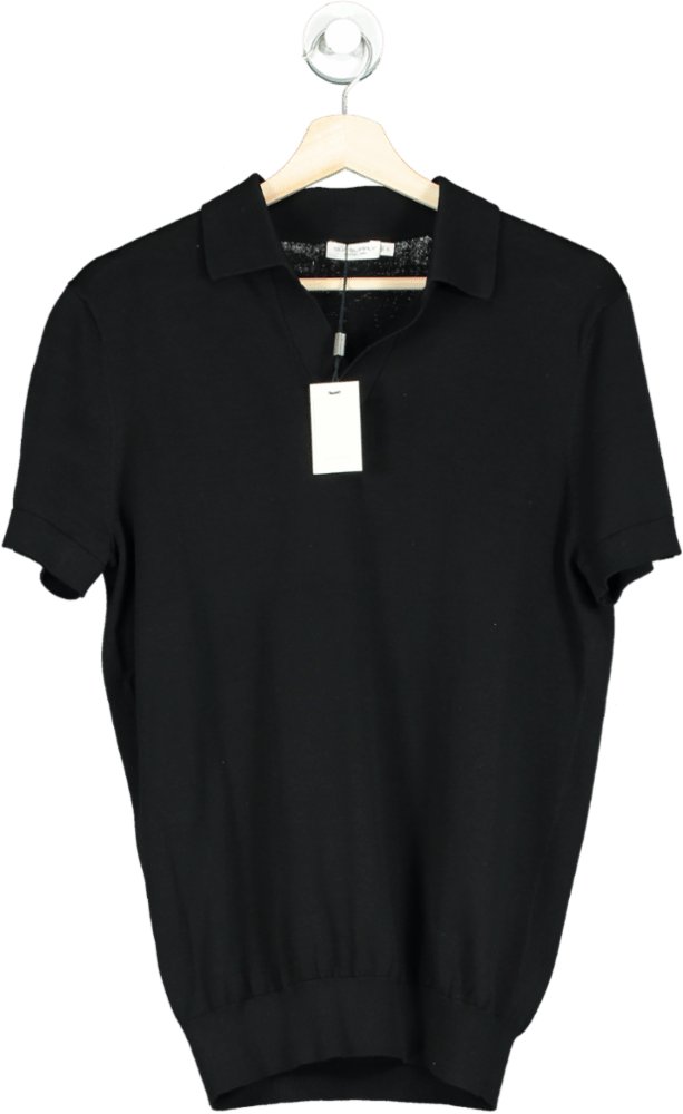SuitSupply Black Californian Cotton & Mulberry Silk Buttonless Knit Polo Top UK L - Reliked