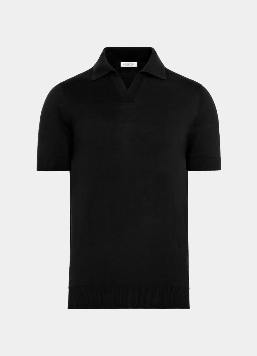 SuitSupply Black Californian Cotton & Mulberry Silk Buttonless Knit Polo Top UK L - Reliked