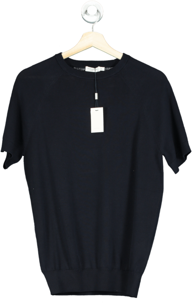 SuitSupply Blue Navy Cotton & Mulberry Silk Short Sleeve Crewneck UK L - Reliked