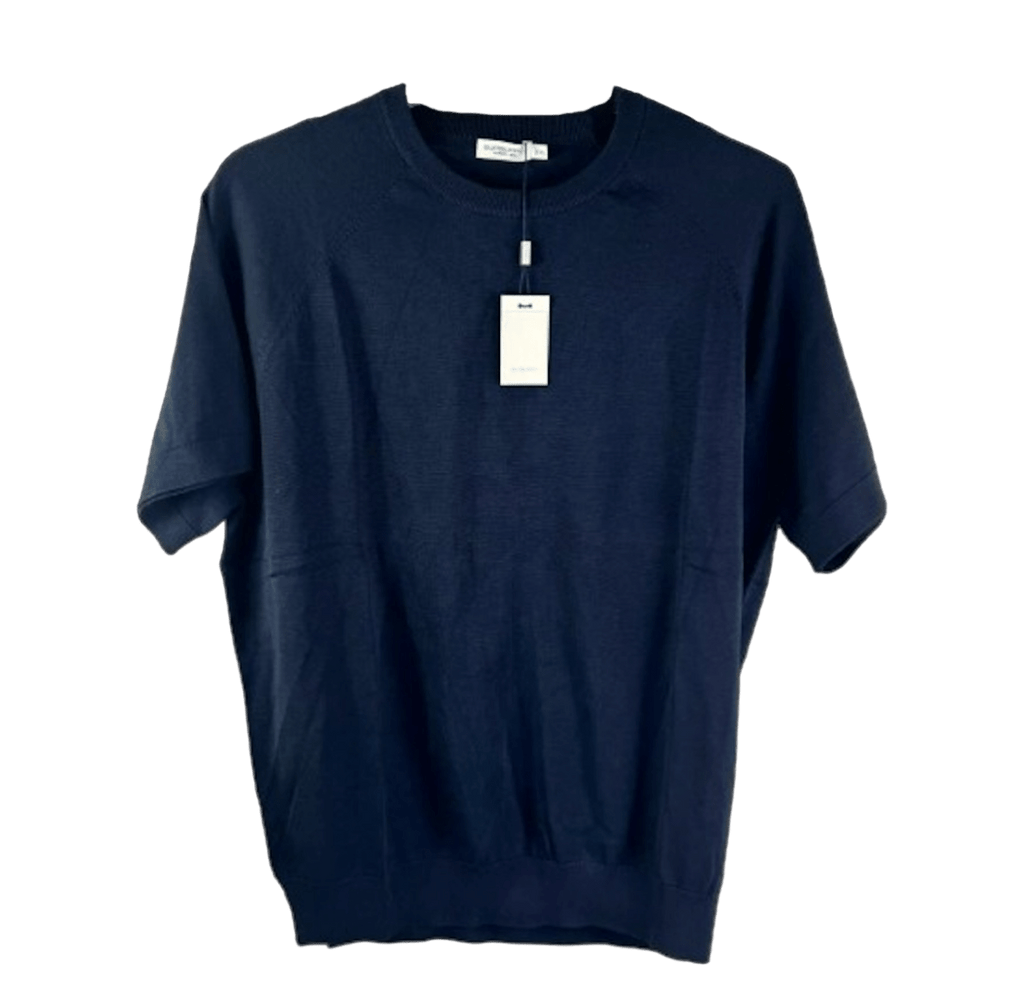 SuitSupply Blue Navy Cotton & Mulberry Silk Short Sleeve Crewneck UK L - Reliked