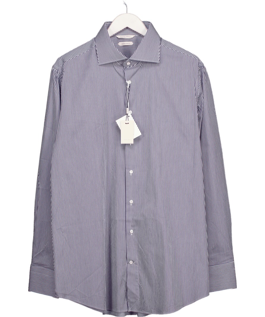 SuitSupply Navy Blue / White Striped Extra Slim Fit Stretch Cotton Shirt 17 3/4" Neck UK XXL - Reliked