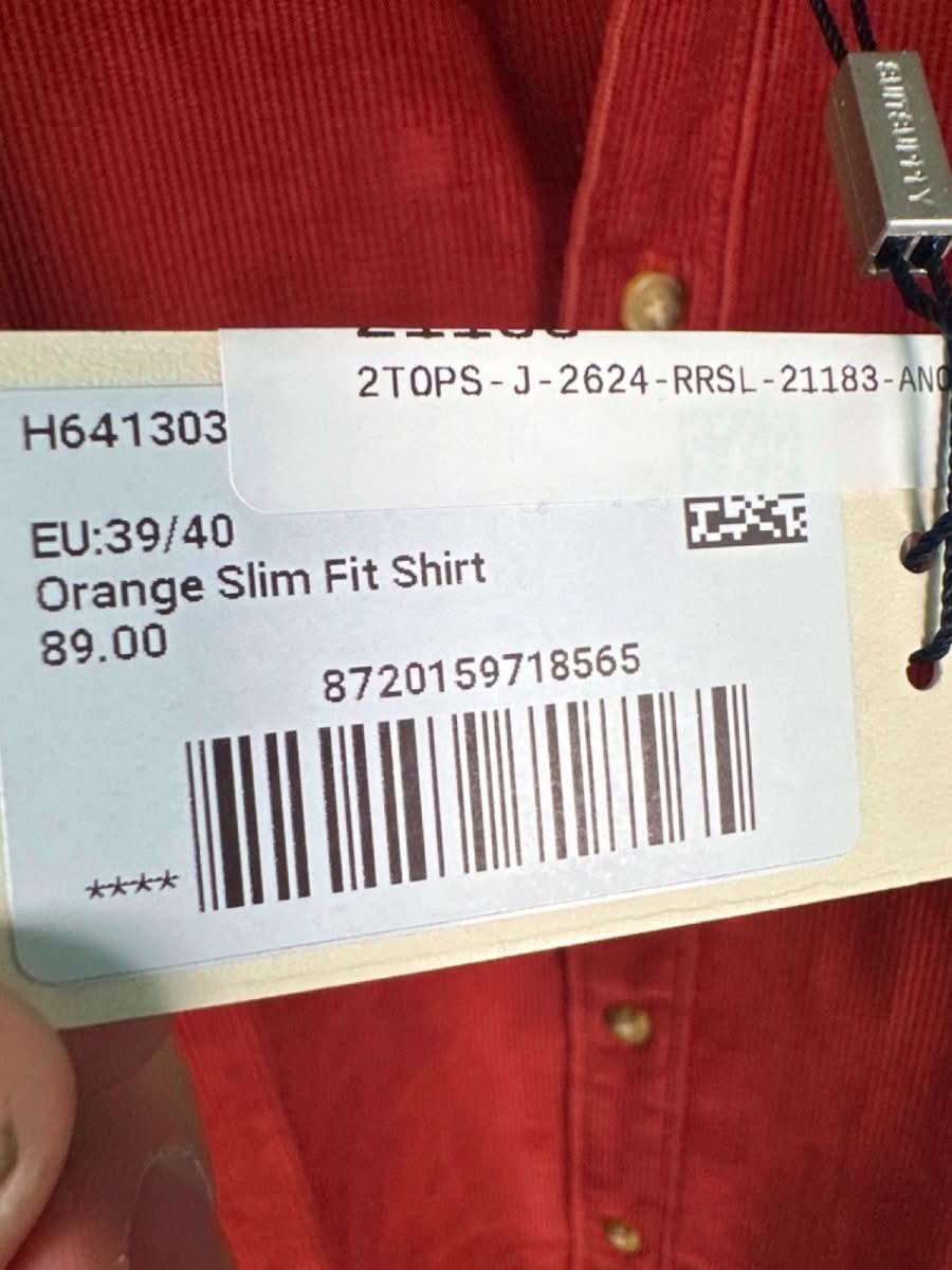 Suitsupply RUST EGYPTIAN COTTON CORDUROY Slim Fit Shirt EU 14/15”NECK UK S - Reliked