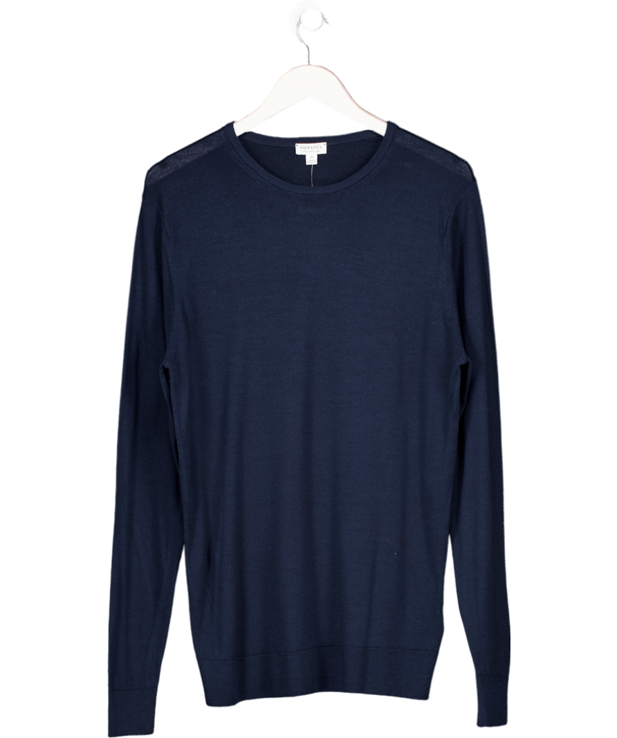 Sunspel Navy Blue Extra‑fine Merino Crew Neck Jumper UK M - Reliked