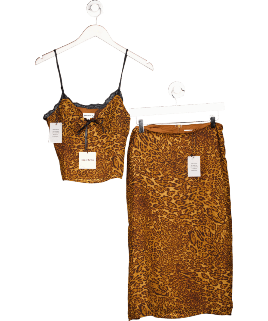 Superdown Brown 2 - piece Animal Print Chiffon Duchis Skirt And Cami Top Set UK S - Reliked
