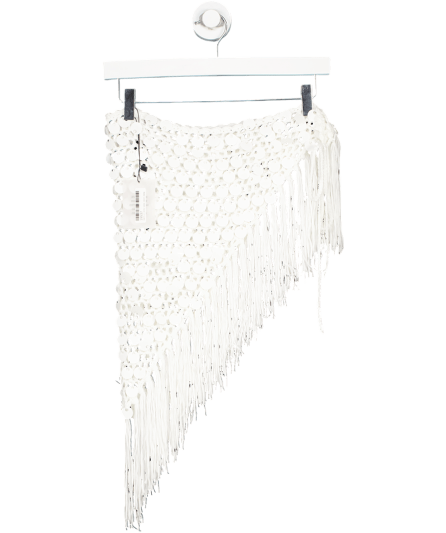 Superdown White Fringed Sequin Crochet Pareo Skirt UK S - Reliked