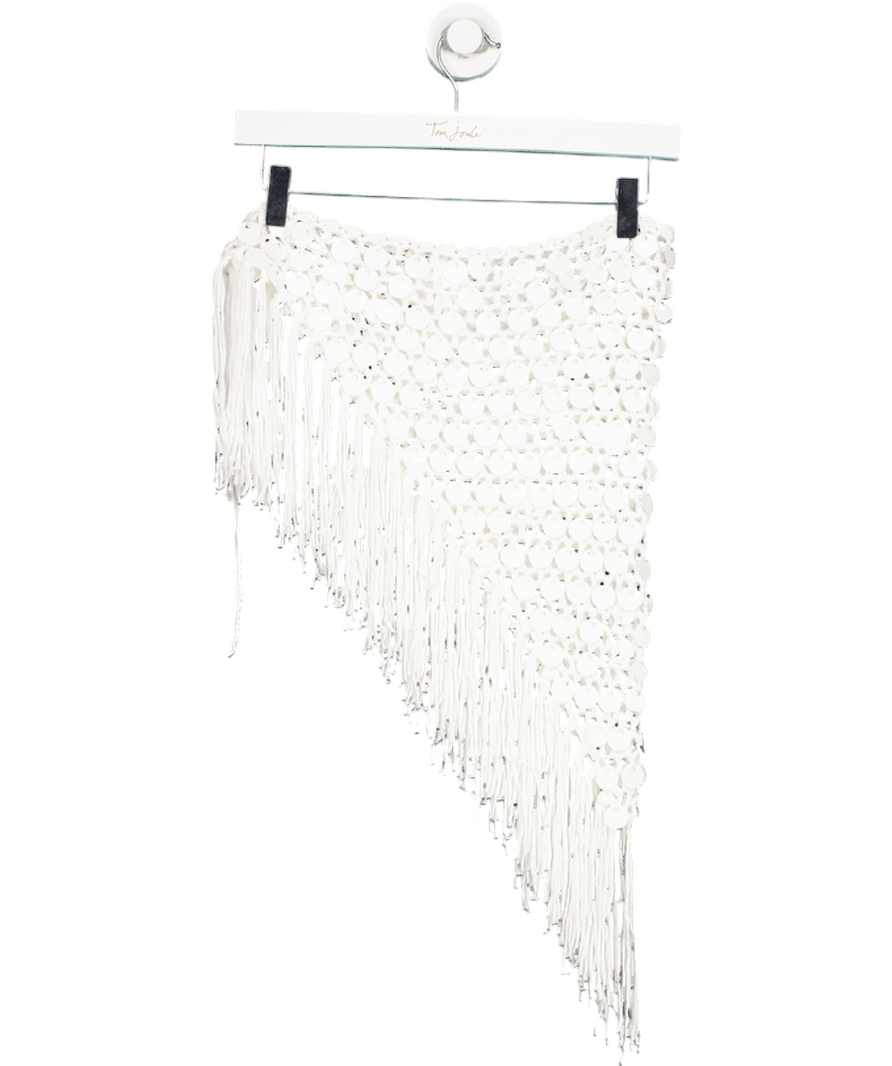 Superdown White Fringed Sequin Crochet Pareo Skirt UK S - Reliked