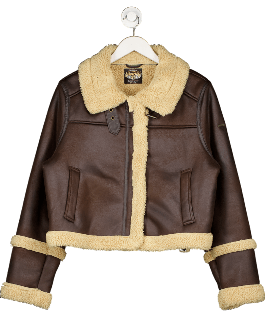 Superdry Brown Oversized Faux Shearling Aviator Jacket UK 16 - Reliked