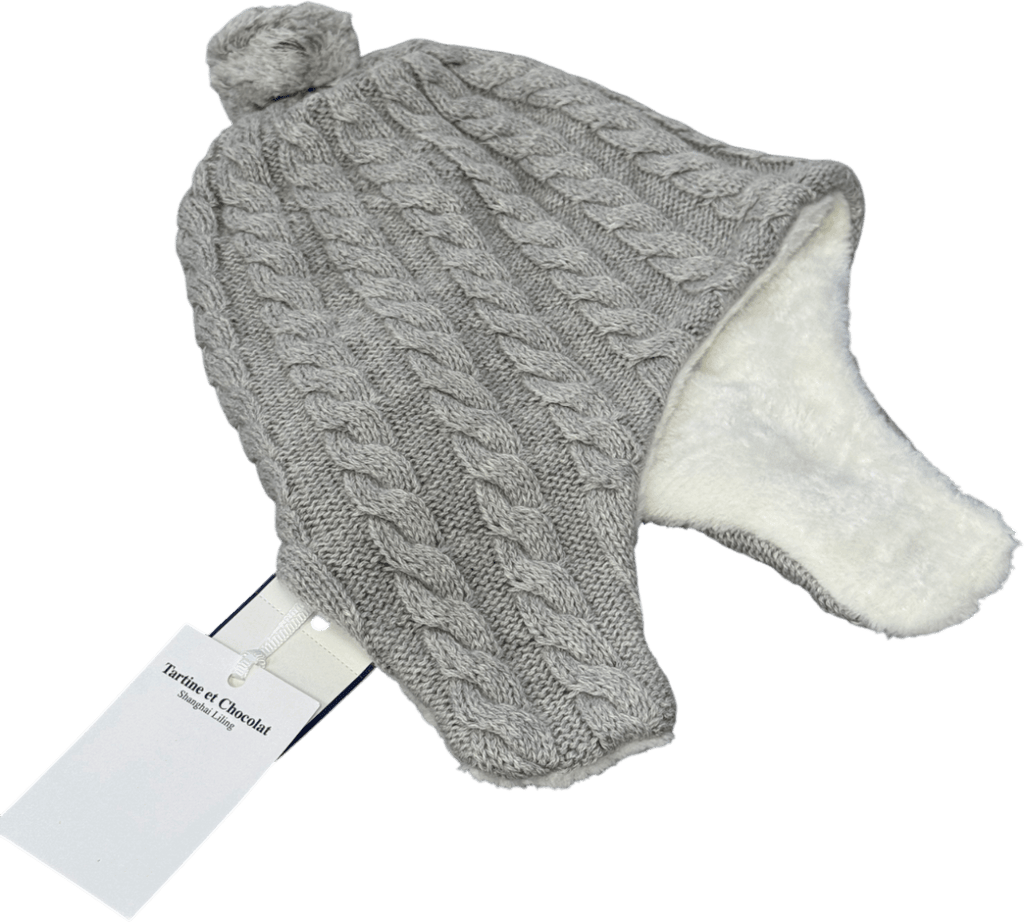 Tartine et Chocolat Grey Cotton/cashmere Cable Knit Cosy Fur Lined Pom Pom Hat With Ear Flaps T1 0 - 3 Months - Reliked