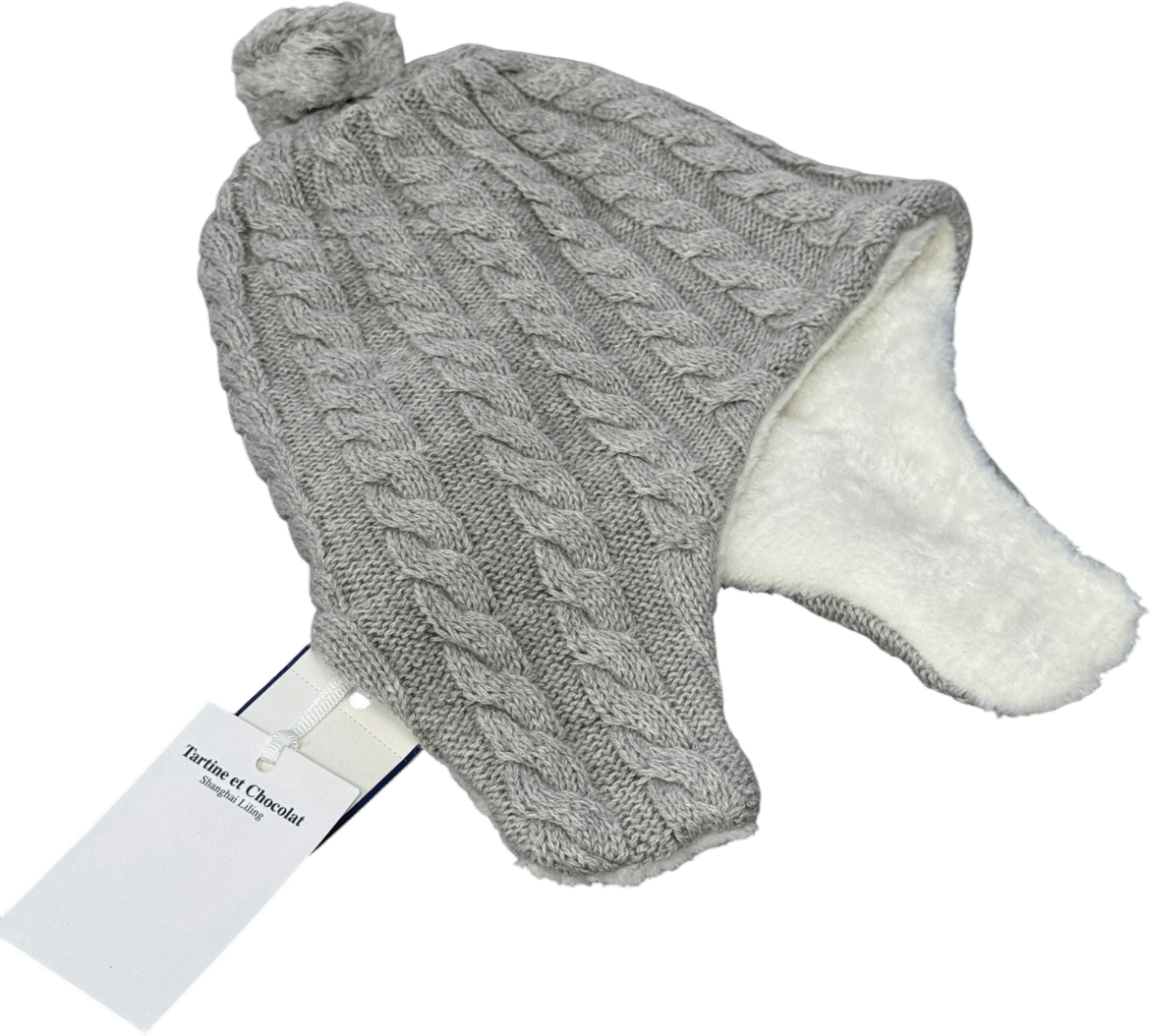 Tartine et Chocolat Grey Cotton/cashmere Cable Knit Cosy Fur Lined Pom Pom Hat With Ear Flaps T1 0 - 3 Months - Reliked