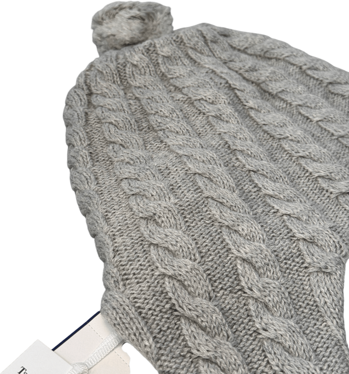 Tartine et Chocolat Grey Cotton/cashmere Cable Knit Cosy Fur Lined Pom Pom Hat With Ear Flaps T1 0 - 3 Months - Reliked