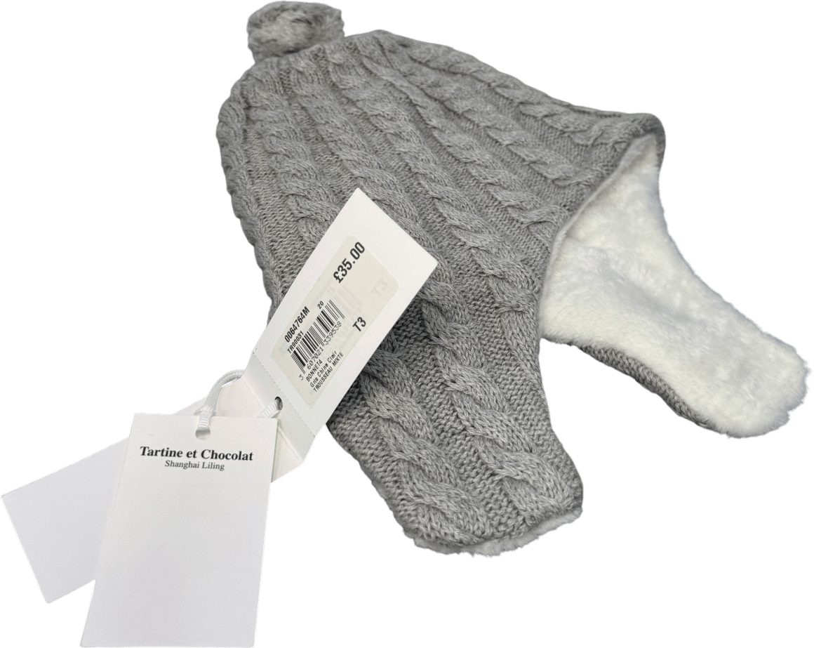 Tartine et Chocolat Grey Cotton/cashmere Cable Knit Cosy Fur Lined Pom Pom Hat With Ear Flaps T3 Uk 18 Mths - 3 Years - Reliked
