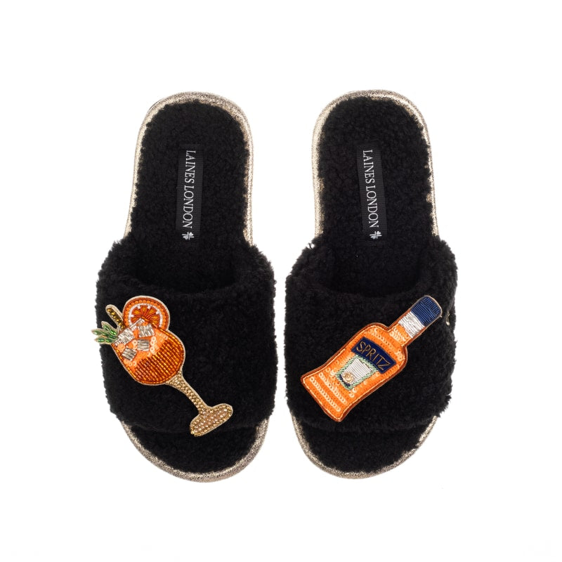 Laines London Teddy Towelling Slipper Sliders With Summer Spritz Brooches UK M