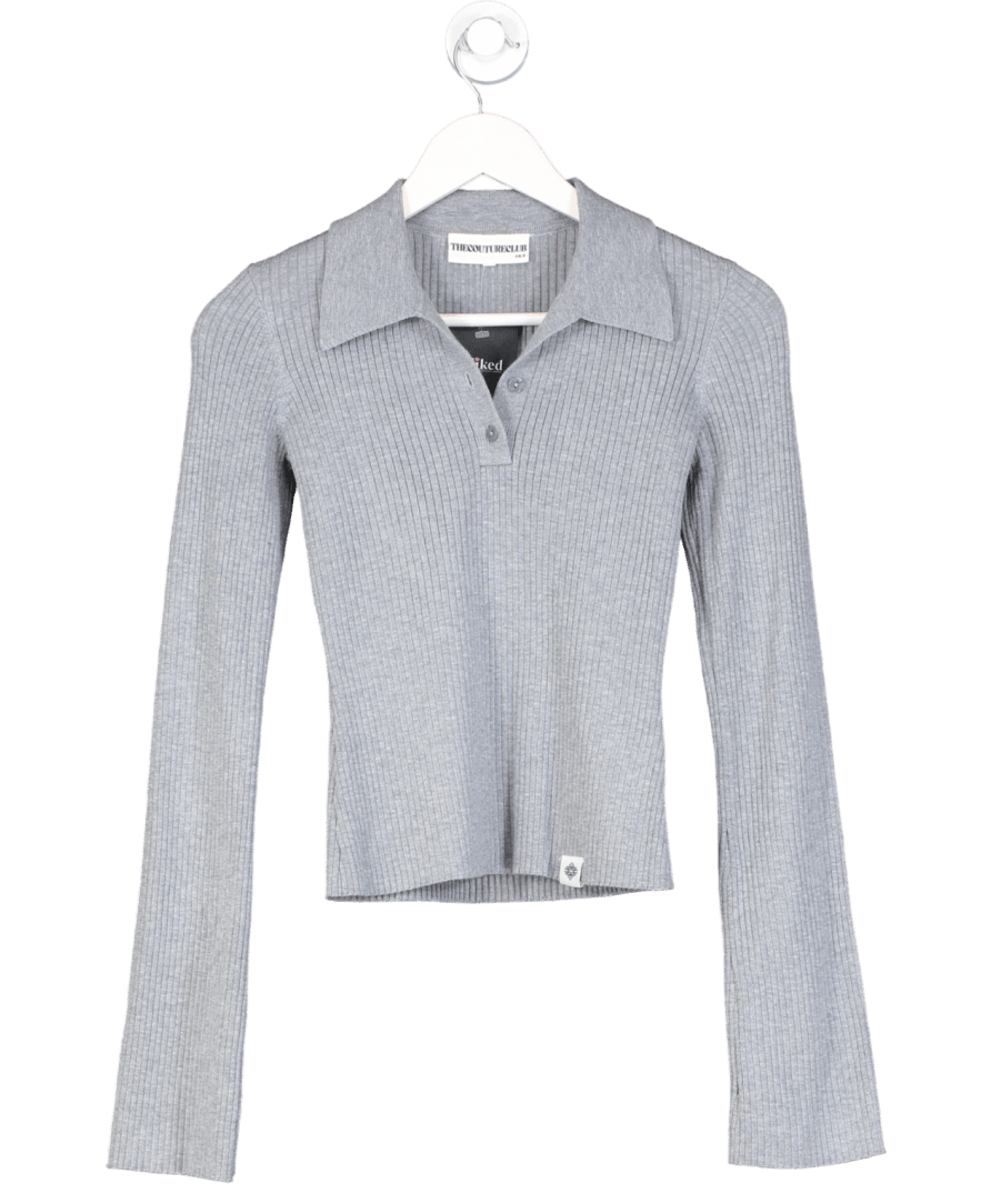 The Couture Club Grey Knitted Ribbed Button Through Top UK 8 - Reliked