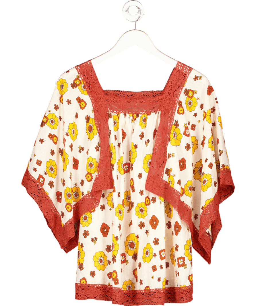 The Hippie Shake Cream / Orange Floral Cotton Lace Trim Smock Top UK 8 - Reliked
