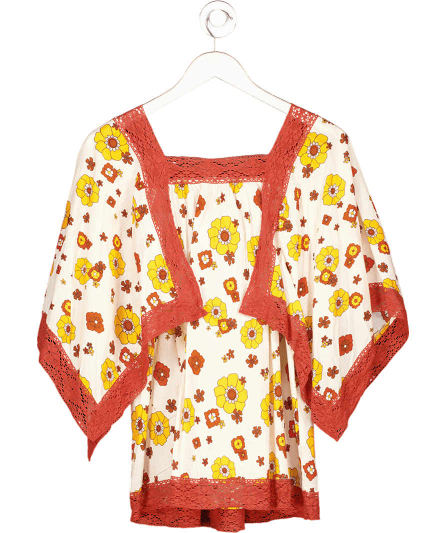 The Hippie Shake Cream / Orange Floral Cotton Lace Trim Smock Top UK 8 - Reliked