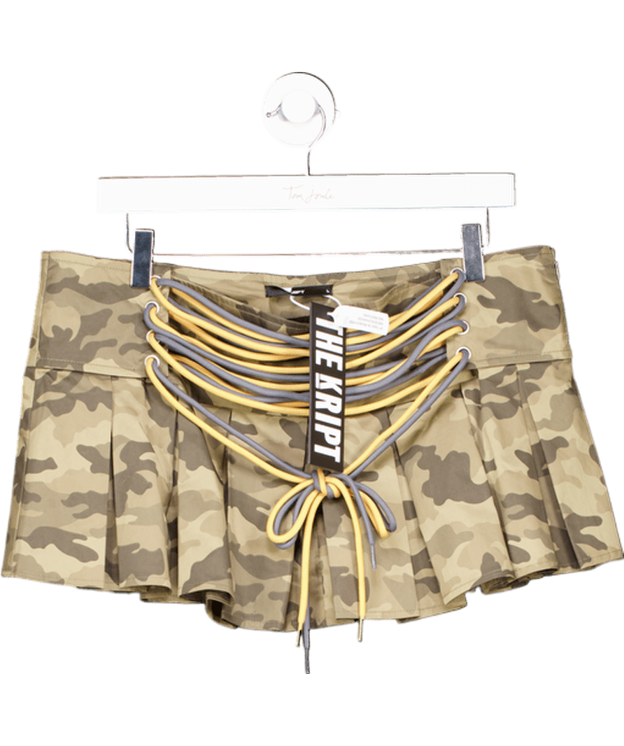 THE KRIPT Green Low Rise Micro Mini Skirt With Tie Front Detail In Camo Print UK L - Reliked