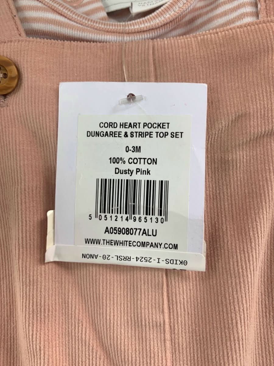 The Little White Company Dusty Pink Cord Heart Pocket Dungaree & Stripe Top Set 0 - 3 Months - Reliked