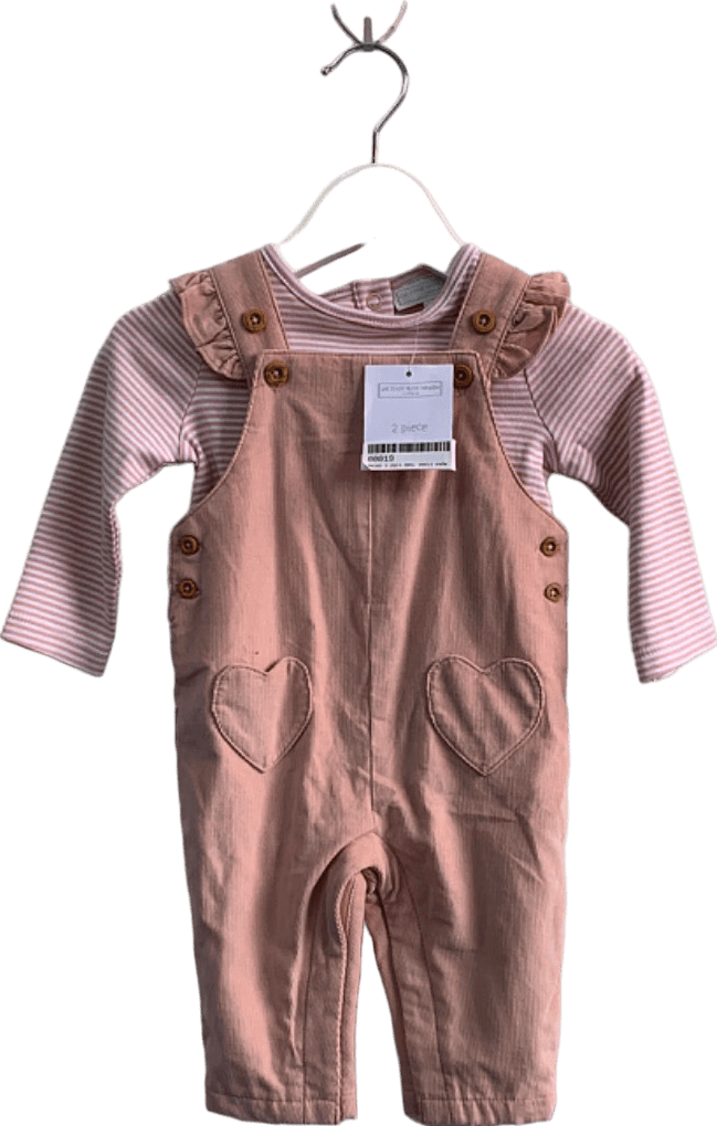 The Little White Company Dusty Pink Cord Heart Pocket Dungaree & Stripe Top Set 0 - 3 Months - Reliked