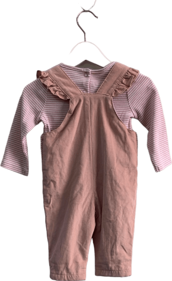 The Little White Company Dusty Pink Cord Heart Pocket Dungaree & Stripe Top Set 0 - 3 Months - Reliked