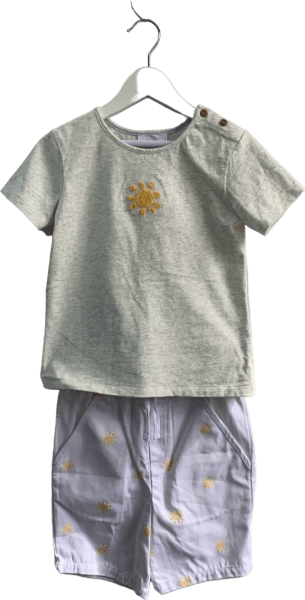 The Little White Company Grey Sun Embroidered T-Shirt and Shorts Set 4 - 5 Years - Reliked