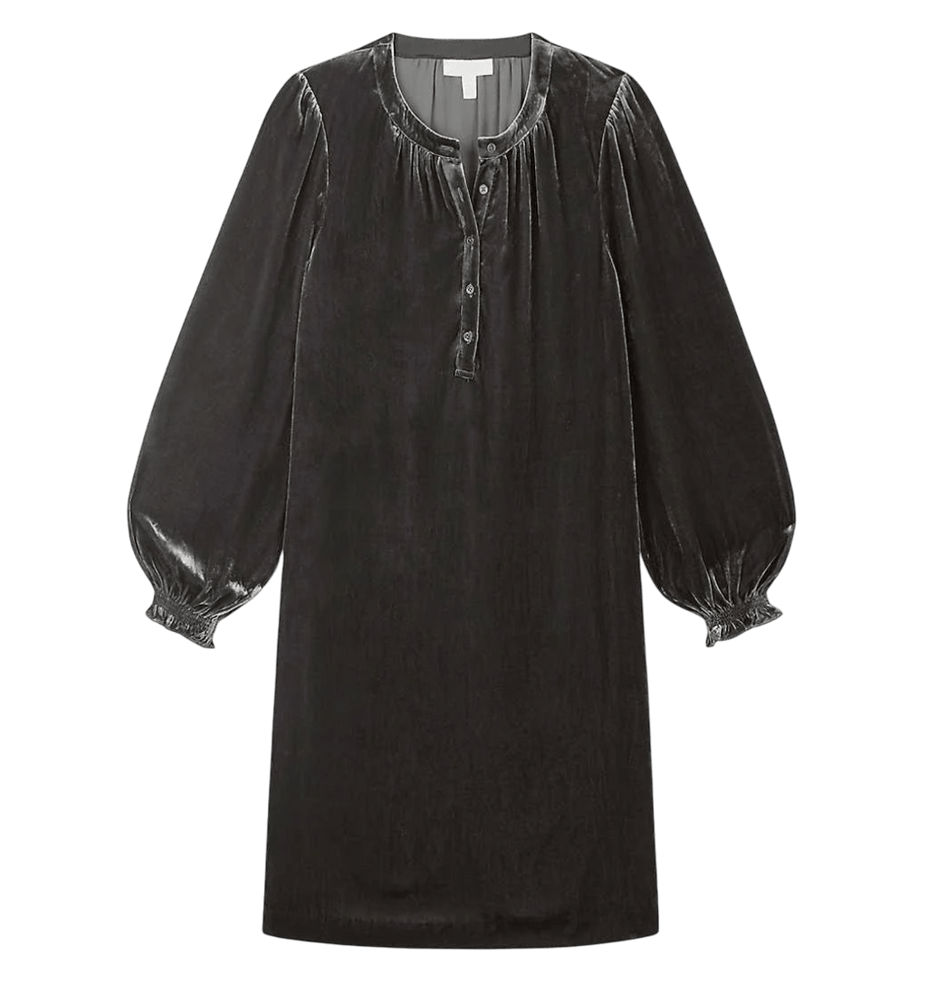 The White Company Grey Round - neck Long - sleeve Silk Velvet Dress UK 12 - Reliked