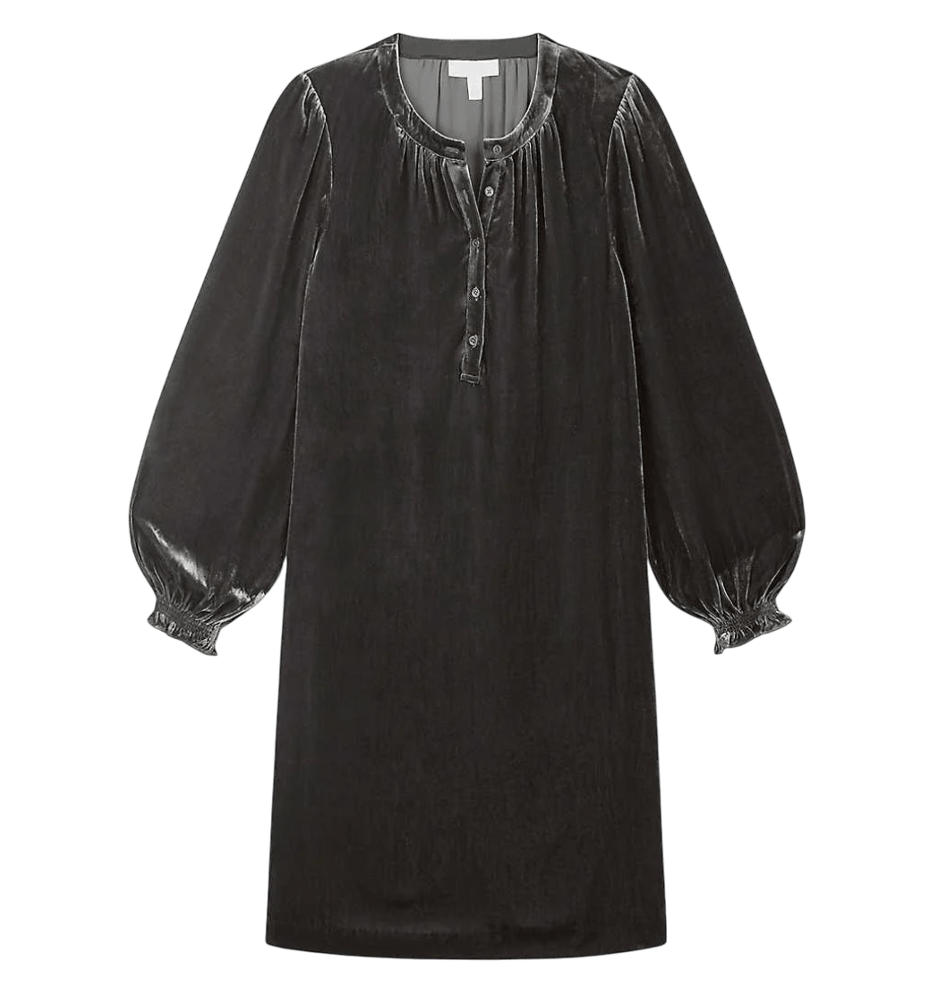 The White Company Grey Round - neck Long - sleeve Silk Velvet Dress UK 12 - Reliked