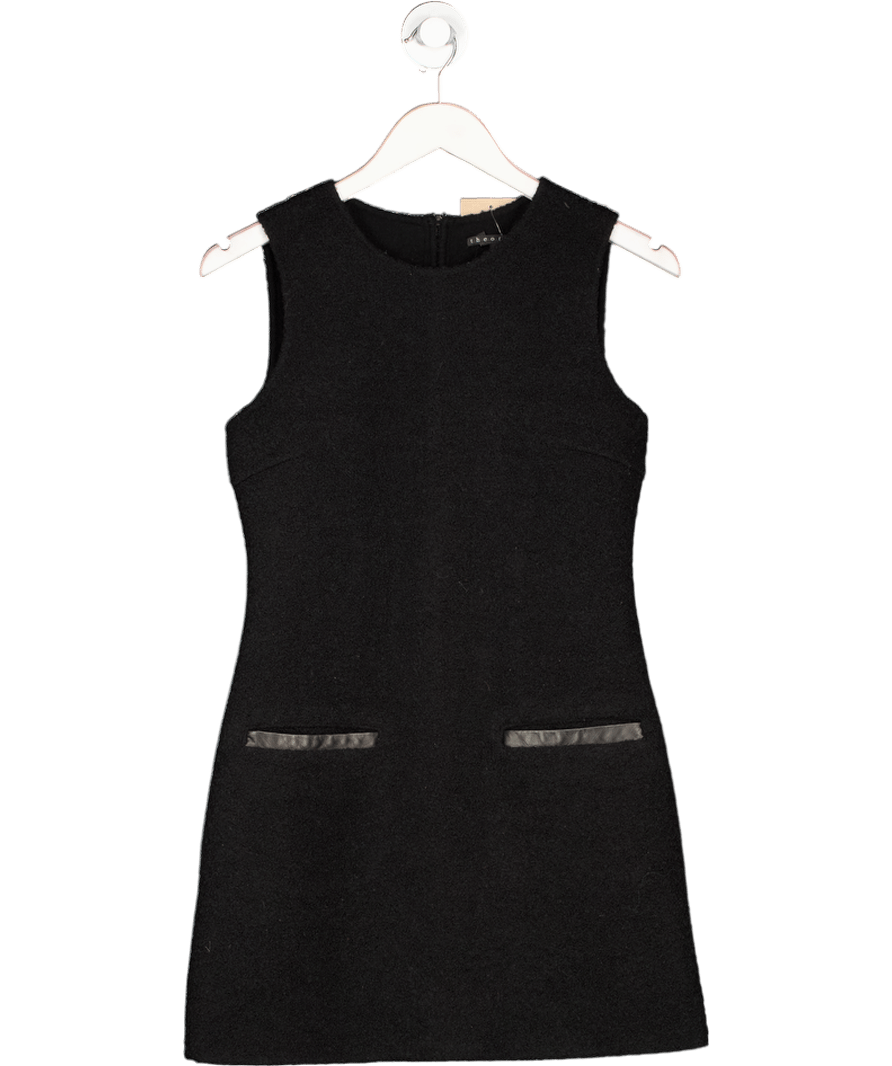 Theory Black Wool Dress With Leather Pockets UK S - Reliked