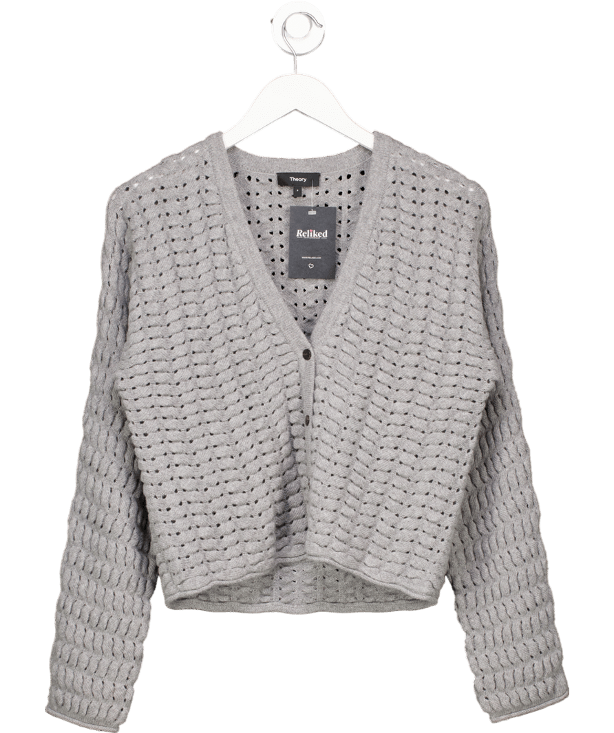 Theory Grey Wool & Cashmere Lace Knit Cardigan Szp UK XS - Reliked