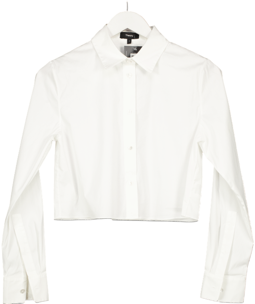 Theory Long Sleeve Crop Linen Button - up Shirt In White UK S - Reliked