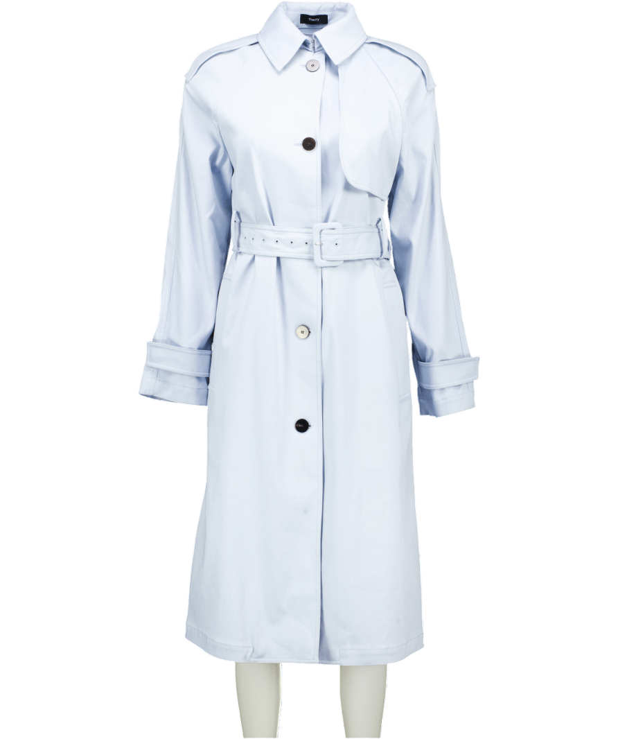 Theory Single Breasted Belted Powder Blue Trench Coat Szp UK 6 - Reliked
