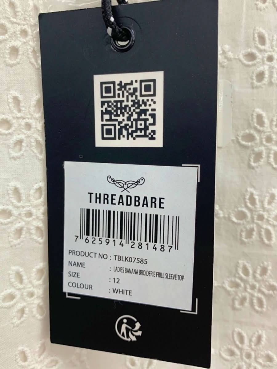 Threadbare White Ladies Banana Broderie Frill Sleeve Top UK 12 - Reliked