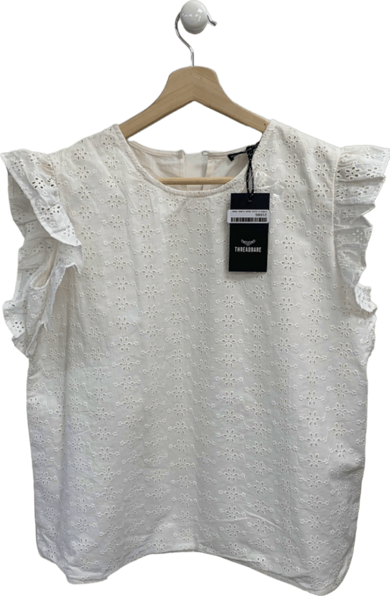 Threadbare White Ladies Banana Broderie Frill Sleeve Top UK 12 - Reliked